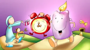 een wekker, een kaars en een slaapwandelend mannetje met een blauwe pyjama en slaapmuts